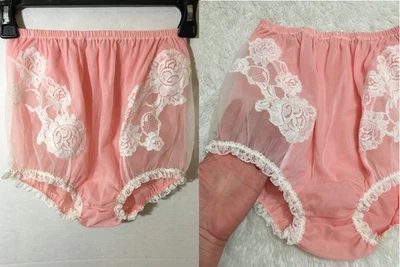 Vtg STUNNING White CHIFFON Overlay Floral Lace PINK NYLON Brief Panties Glydons - Image 1 of 4
