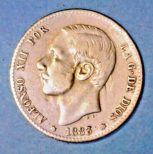 SPAIN ( 1 ) COIN  1 PESETA  1883(83)  VERY FINE/EXTRA FINE  0.8350 SILVER - Picture 1 of 2