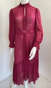 Blue Illusion L Raspberry Red Pink Viscose Chiffon Belted Button Up Midi Dress - Picture 1 of 17
