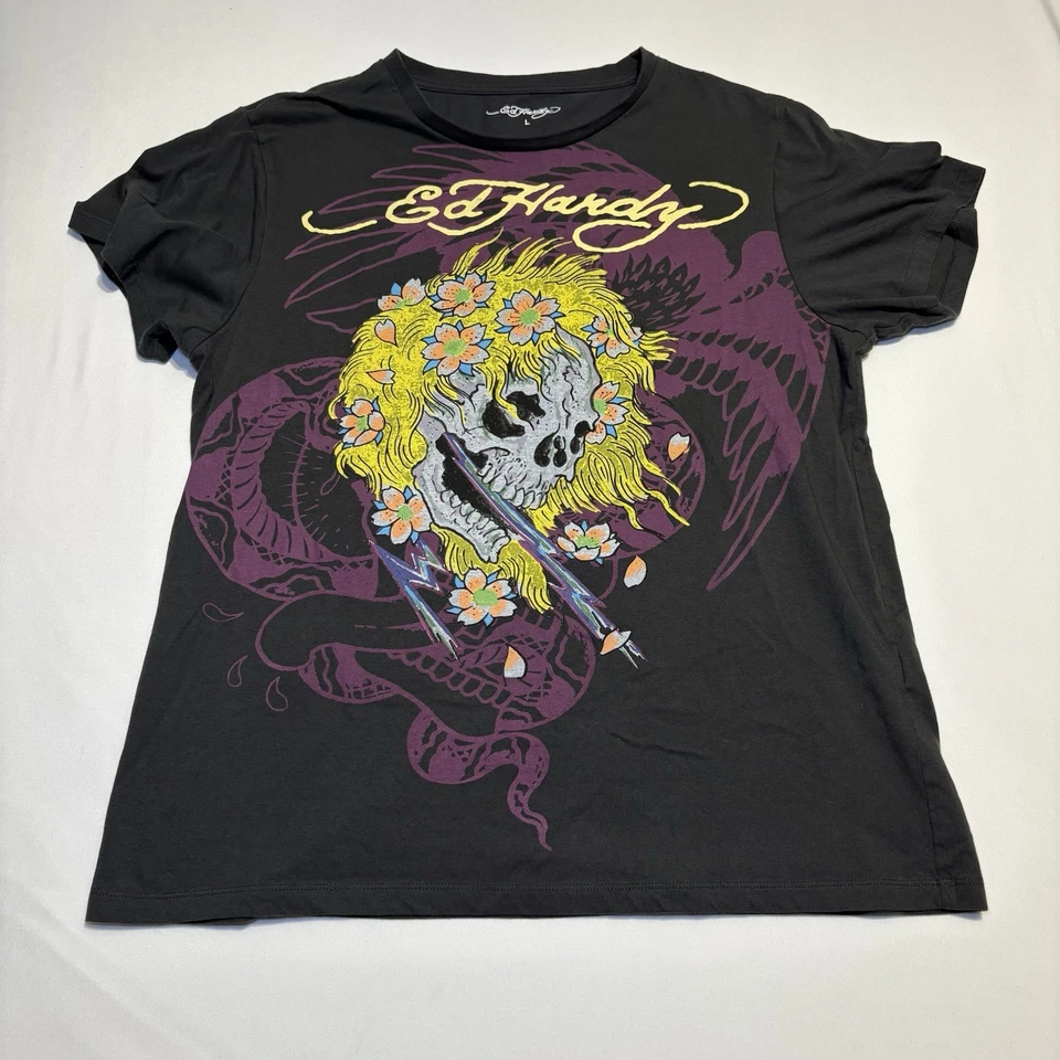 Camisa Gráfica Ed Hardy Gris Manga Corta Camiseta Calavera Floral Para Hombre Talla Grande” Foto 1 de 4