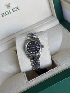 Ladies Steel & White Gold Rolex Datejust 26mm 179174 Factory Black Diamond Dial - Picture 1 of 4