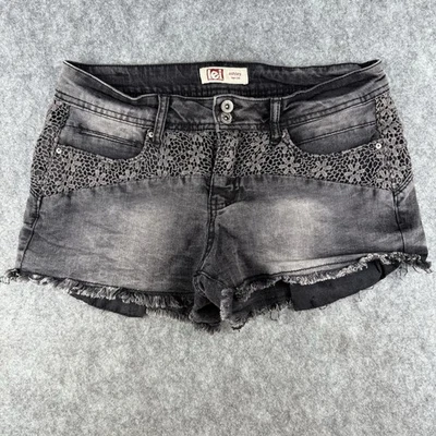 L.E.I. Pantalones Cortos de Jean Ashley Lowrise Junior para Mujer 9 Negros Crochet Y2K Boho Foto 1 de 4