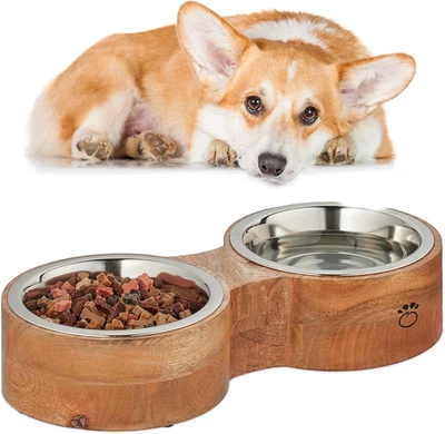 Ciotole Cani, Alzatina Scodelle 1 Litro, Supporto Rialzato Legno, 8X39,5X18 Cm,  - Immagine 1 di 4