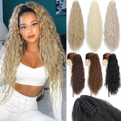 24" Blonde Highlights Ponytail Extension Claw Clip Curly Ponytail Fluffy Hair uk - Image 1 of 4