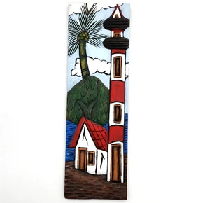 Handgeschnitztes Leuchtturm Gemälde Holz Wandrelief Küste Maritim signiert Gois - Bild 1 von 11