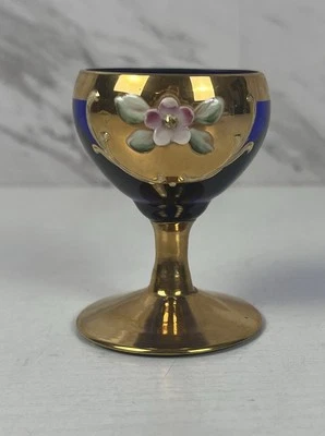 Vintage Czech Bohemian Cobalt Blue Cordial Glass, Enamel Flowers w/Gold. 2.5”h - Image 1 of 4
