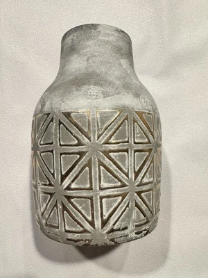 ANTHROPOLOGIE  Handcrafted Stamped CONCRETE -Look VASE  Gold Embellishments -new - Image 1 of 4