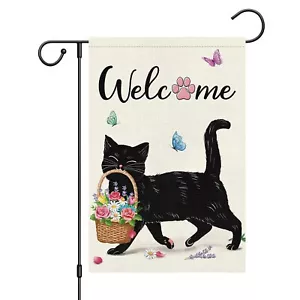 12x18 Inch Black Cat Welcome Garden Flag Double Sided Vertical Yard Flag - Picture 1 of 7