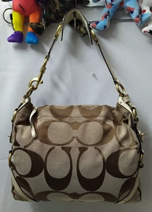 Coach Carly Signature Brow Canvas Leather Trim Zipper Hobo Shoulder Bag - Picture 1 of 15