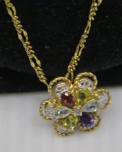 L - GOLD TONED NECKLACE w STERLING SILVER FLOWER PENDANT, COLORED STONES, 22 IN. - Picture 1 of 7