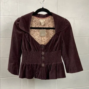 NWT Anthropologie Elevenses Brown Velvet Smocked Victorian Jacket Size 0 Boho - Picture 1 of 10