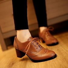 US 5-11 Womens ladies Brogue Lace Up Low Thick Heel Oxfords Retro dress Shoes 