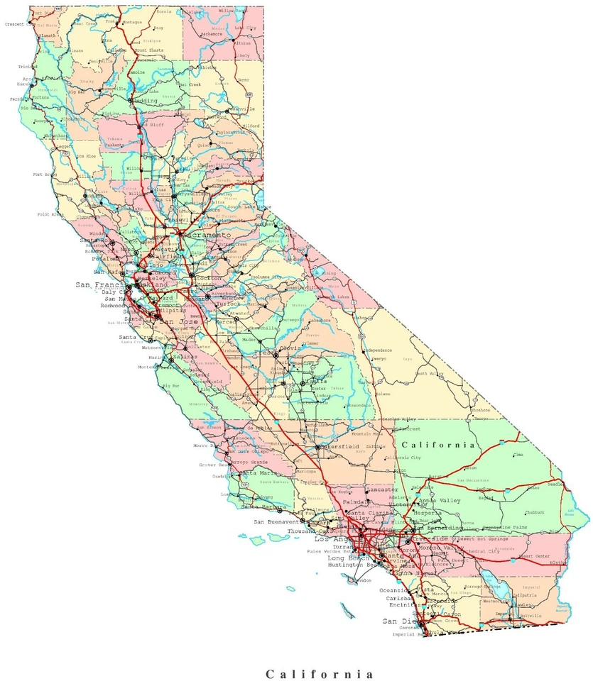 MAPA DEL ESTADO DE California póster brillante impresión fotográfica carretera ciudad EE. UU. LA SF CA Foto 1 de 1