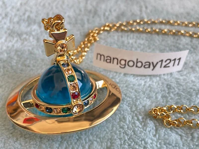Vivienne Westwood Gold Lake Blue 3D Giant Orb Pendant Necklace - Image 1 of 4