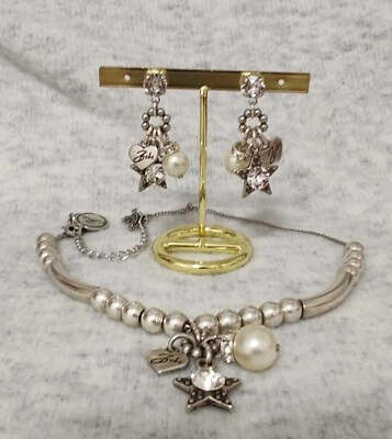 Vintage Bibi Bijoux Heart & Pearl & Star  Crystal Charm Necklace & Earrings Set  - Image 1 of 4