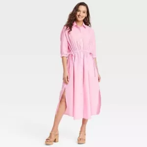 Universal Thread Langarm Cinched Taille Rosa Maxi Knopfleiste Kleid (L) - Bild 1 von 9