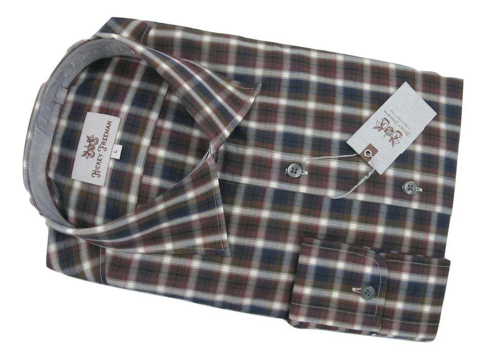 NEW $145 Hickey Freeman Button Front Shirt!  Large  Brown Navy White & Red Plaid - Image 1 of 1