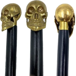 Antiguo mango de cabeza de calavera de latón bastón de madera vintage regalo de diseñador - Imagen 1 de 7