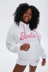 LAST TWO NWT Faux Shearling Barbie™ Hoodie Pink White Logo **TOP ONLY** Size S - Picture 1 of 10