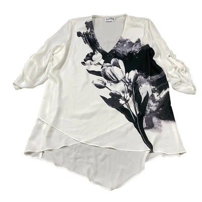 Blusa túnica Joseph Ribkoff blanca negra tulipán floral alta-baja talla M 12 AU Foto 1 de 4