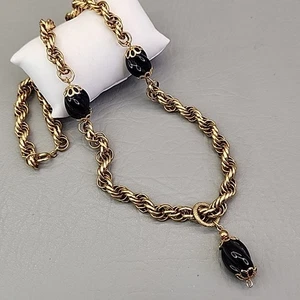 Collar Cadena Cuerda Vintage Tono Dorado Grueso Negro Vidrio Acentos Cuelga 23" - Imagen 1 de 14