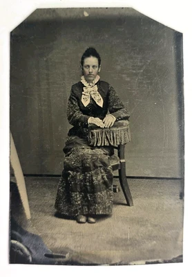Antique Tintype Photo Young Victorian Lady Woman Intense Look Full Dress Fashion - Image 1 of 3