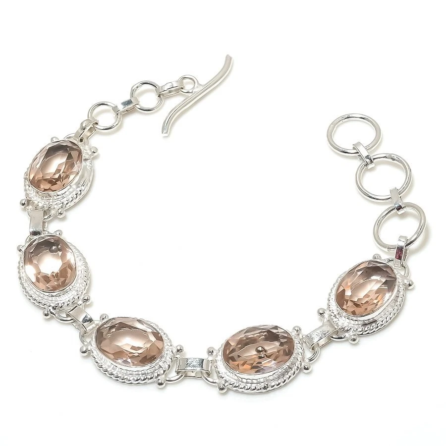 Peach Morganite Gemstone 手工制作 925 纯银珠宝手链 尺寸 7-8 — 第 1/1 张图片