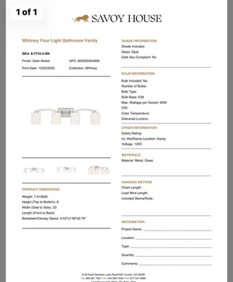 Savoy House 8-7710-4-SN Whitney 4 Light 33"W Vanity Light - Satin Nickle - Image 1 of 2