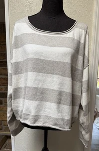 SO Damen Pullover Pulli grau-weiß Rundhals Streifen rauer Saum Größe XL - Bild 1 von 6