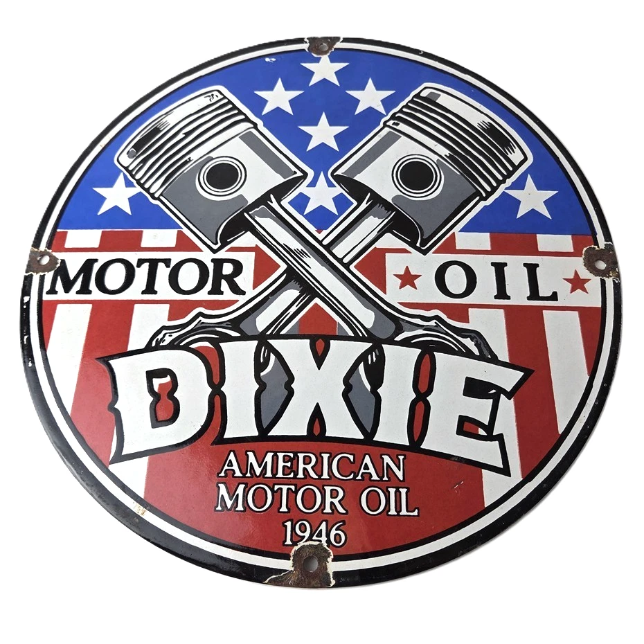 Vintage Dixie Motor Oil Sign - American Flags Gas Pump Service Porcelain Sign - Image 1 of 4