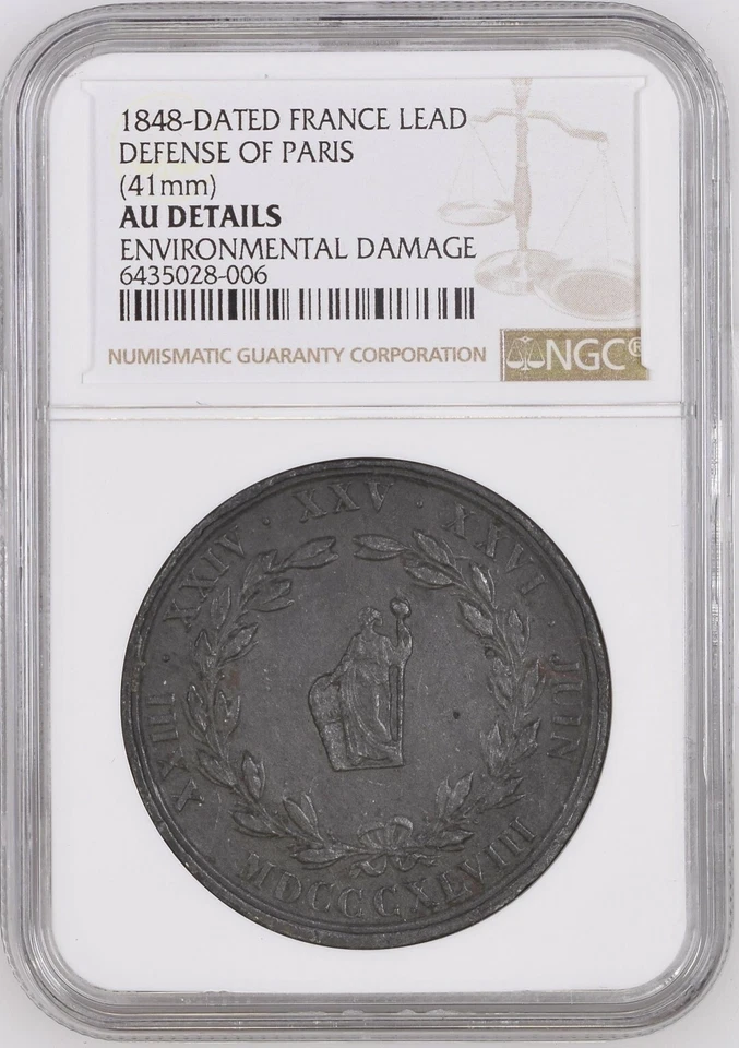 Medalha de chumbo 1848 Revolução Francesa Defesa de Paris NGC AU ENV DMG - Imagem 1 de 2