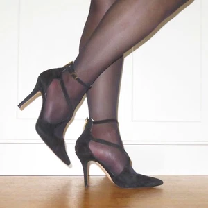 USED Women's Jessica Simpson Wynnley Black Lux Suede Strappy Stiletto Heels 8.5M - Picture 1 of 17