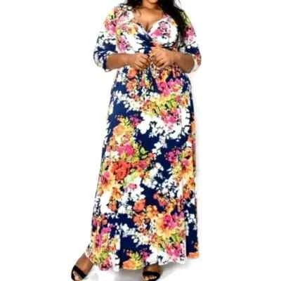 Maxi Vestido Janette Moda Azul Marino Tropical Imitación Envolvente Talla Plussa Foto 1 de 4