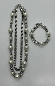 Givenchy Faux Pearl Crystal Silver Tone Necklace Bracelet Chain Set - Picture 1 of 24