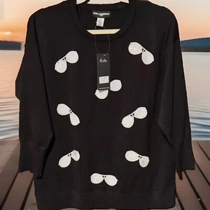 NWT Women Karl Lagerfeld Black Knitting White Glasses Sweater,Sz.S;M, Ret.$89.00 - Picture 1 of 16