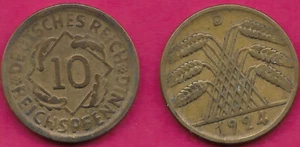 GERMANY WEIMAR 10 REICHSPFENNIG 1924-D SIX GRAIN SPRIGS FORM CENTER TRIANGLE ABO - Picture 1 of 1