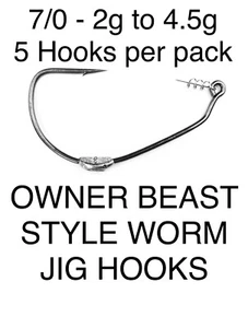 7/0 OWNER BEAST STYLE WEIGHTED EXTRA WIDE WORM JIG HOOK & TWIST PIN 2g to 10g - Picture 1 of 13
