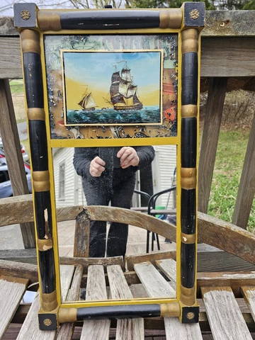 Antique Vintage Federal style Mirror With Reverse Painting On Glass Cover
