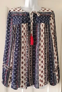 Womens Monsoon Blue Paisley Floral Tassel 70s Boho Folk Peasant Smock Blouse 10 - Picture 1 of 9
