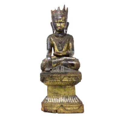 Antique Shan (Tai Yai) Jambupati Buddha Image, wood, lacquer and gold leaf - Image 1 of 4