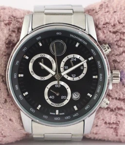 Casual MOVADO Chronograph Black Dial 'Date' Quartz Men Wristwatch Steel Band - Picture 1 of 8