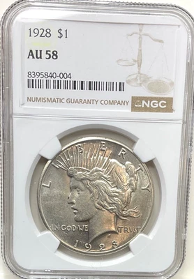 1928 P $1 NGC AU 58 Peace Silver Dollar, Better, Key Date Philadelphia Coin - Image 1 of 3