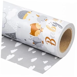 Reversible Baby Shower Wrapping Paper - Mini Roll - 17 Inch X 33 Feet - Grey - Picture 1 of 8