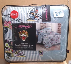 Ed Hardy Blue Reversible Logos/Striped KING Set Comforter, Shams, Sheets,Pillow - Picture 1 of 5