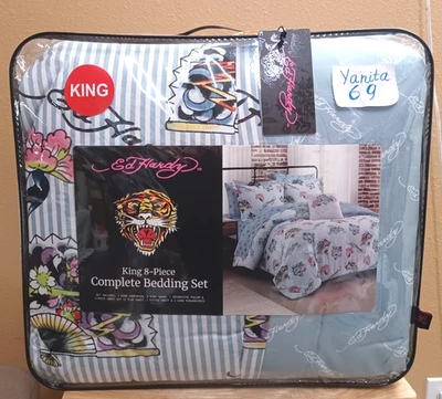 Ed Hardy Blue Reversible Logos/Striped KING Set Comforter, Shams, Sheets,Pillow - Image 1 of 4