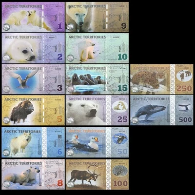 Juego de billetes de animales de los Territorios Árticos 14 piezas de vida silvestre polar coleccionable dinero UV Foto 1 de 4