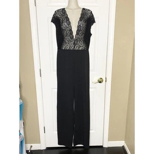 Fashion Nova Womens Size XL Sheer Lace Jumpsuit Wide Leg Deep V-Neck Black - Picture 1 of 9