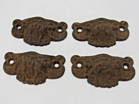 Lot of 4 Victorian Cast Iron Cup Cabinet Drawer Knobs Handles Pulls Rusty Ornate Cover