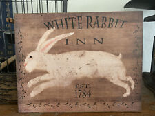 Folk Art Primitive White rabbit Inn On 8x10 Canvas Board