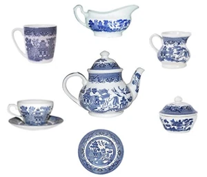 CHURCHILL BLUE WILLOW SUGAR TRAY GRAVY BOAT DINNER CHINA PLATES MUG CREAMER JUG - Picture 1 of 11